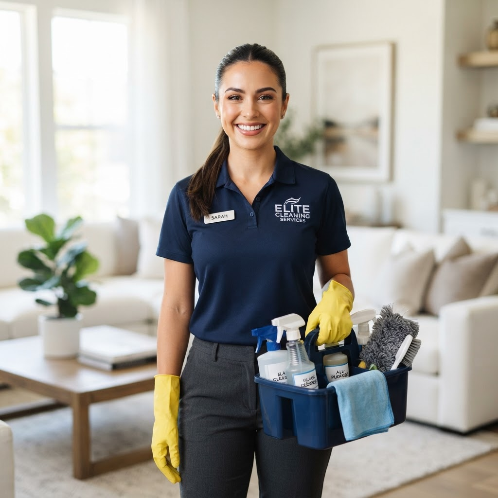 Professional cleaner holding cleaning supplies